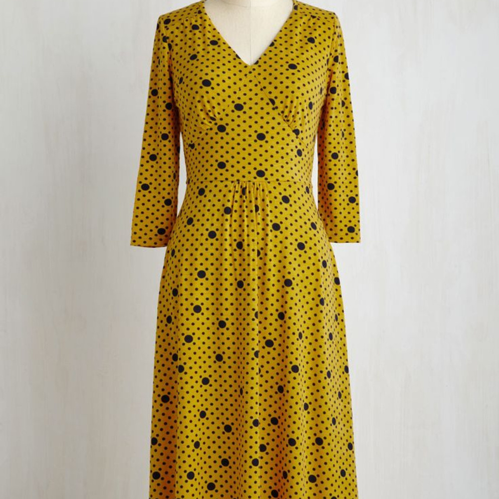 Mustard Yellow Polka Dot Midi Dress - V-Neck, 3/4 Sleeves